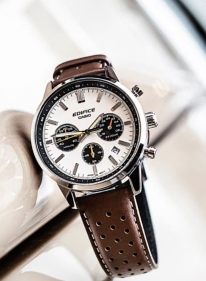 كاسيو EDIFICE Chronograph Men’s Watch EFR‑575L‑7ADF, 40.5 mm Cream Dial, Brown Genuine Leather Band, 100 m WR - Image 1